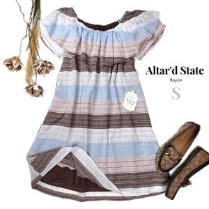 New Altar'd State Boho Brown White Blue Sheer Lined Off Shoulder Dress S…
